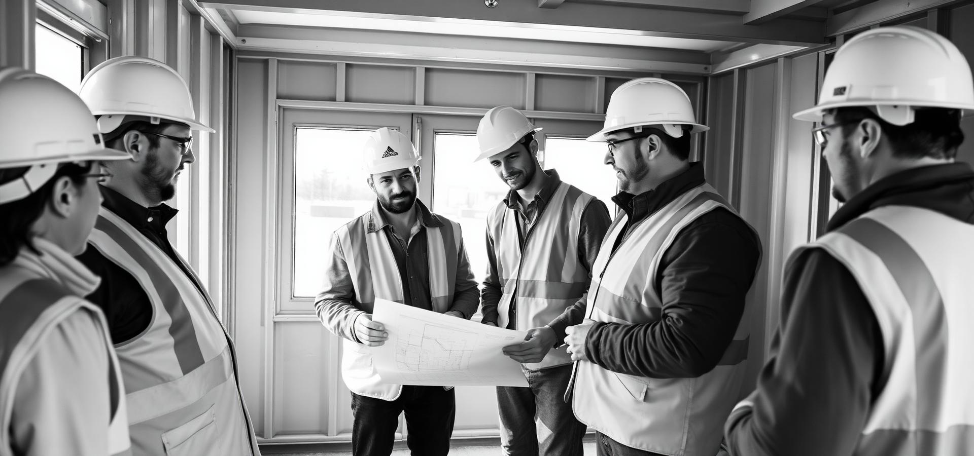 Construction project leaders reviewing plans on site